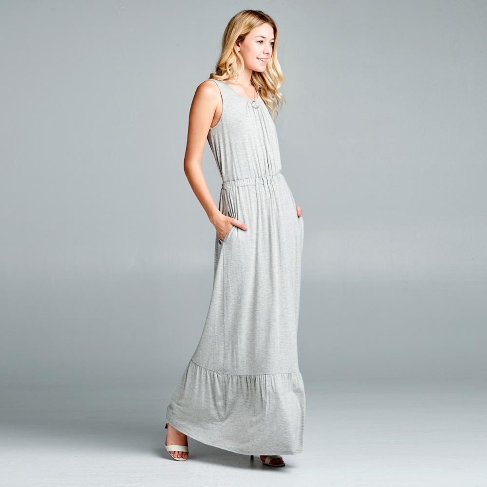 Heather Gray Tie-Waist Tiered Maxi Dress w/Pockets